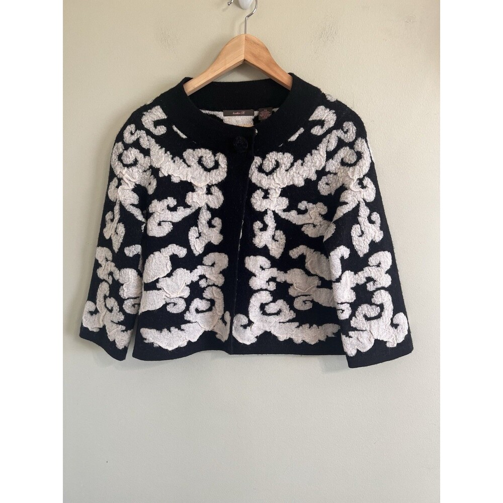 Heather B Sweater Womens PM Black Wool Blend Artsy Cardigan Open Front Snap Top